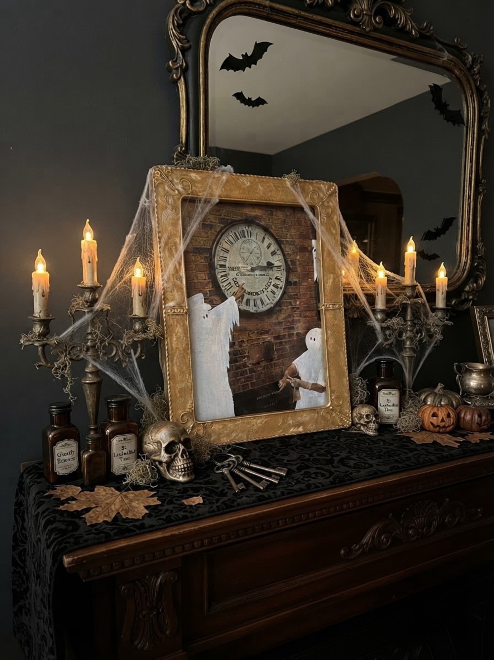 Two Ghosts running late in front of the Shepherd Gate Clock. Halloween decor.